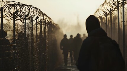 People walking along a barbed wire fence at dawn in a misty and uncertain atmosphere