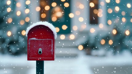 Red Mailbox in Snowy Winter Scene with Christmas Lights.