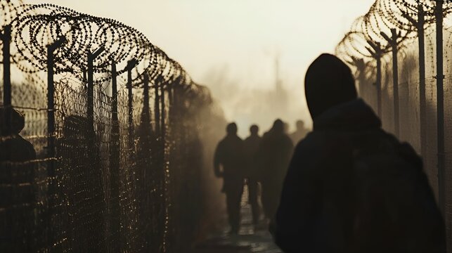 People walking along a barbed wire fence at dawn in a misty and uncertain atmosphere - Powered by Adobe