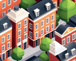 Classic isometric townhouse row, intricate brickwork, charming urban street scene