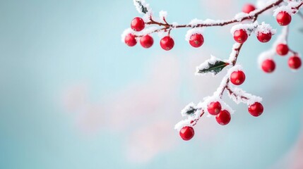 Obraz premium Snow-covered Branch with Red Berries.