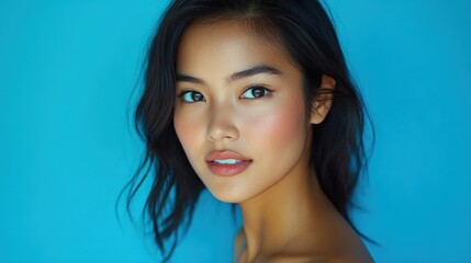 Naklejka premium A young Thai woman with radiant skin and an inviting smile, looking confident in front of a blue background, perfect for showcasing cosmetic products.