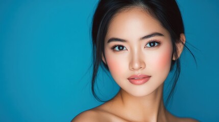 Obraz premium A young Thai woman with radiant skin and an inviting smile, looking confident in front of a blue background, perfect for showcasing cosmetic products.