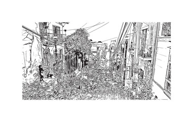 Print Building view with landmark of Valparaiso is a city in United States. Watercolor splash with hand drawn sketch illustration in vector.