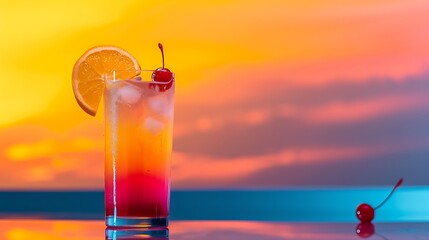 A colorful tequila sunrise cocktail in a tall glass, with layers of orange, pink, and red. The drink is garnished with an orange slice and a cherry, capturing a sunset-inspired gradient