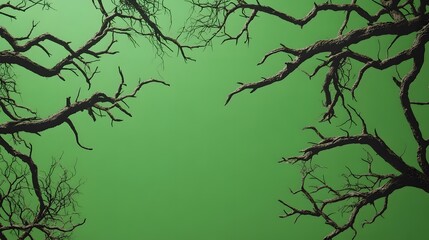 Silhouette of Dead Tree Branches Against a Green Sky