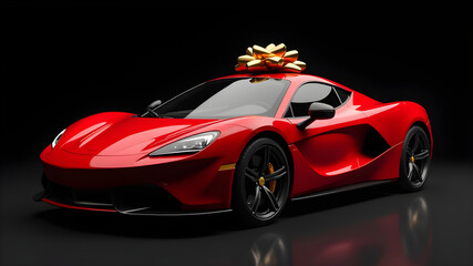 Red car with a red gift bow on top on a black background.