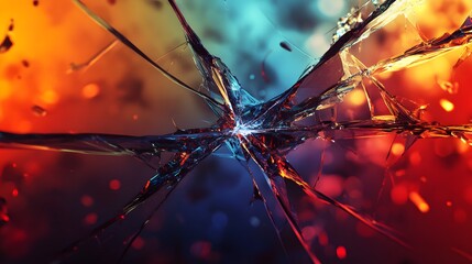 Abstract Broken Glass with Red and Blue Bokeh Lights
