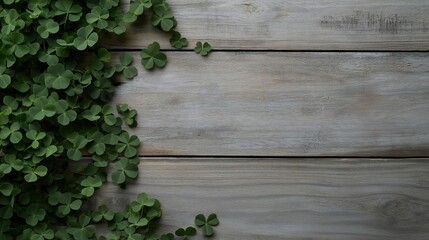 Fototapeta premium Green clover leaves on rustic wooden surface for st. patrick's day decor and nature projects