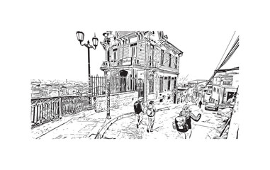 Print Building view with landmark of Valparaiso is a city in United States. Watercolor splash with hand drawn sketch illustration in vector.