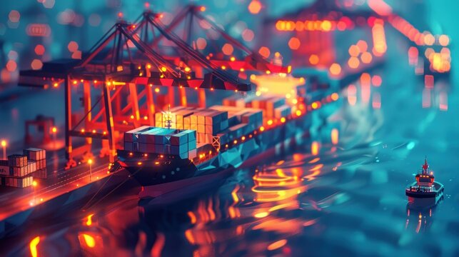 A container ship with a tugboat in the foreground is docked at a busy port at night. The ship is illuminated by the lights of the cranes and the city in the background.