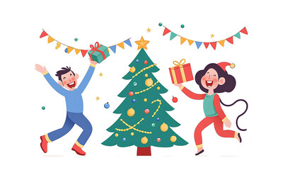 People dancing around a Christmas tree, a monkey holding a gift box