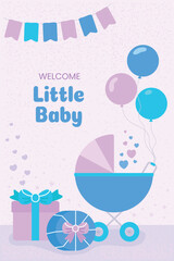 baby shower card with a stroller, gifts, and balloons, and the text 'Welcome, little baby