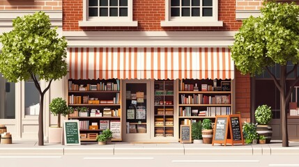 Charming isometric bookstore, sidewalk shelves, cozy neighborhood, welcoming feel