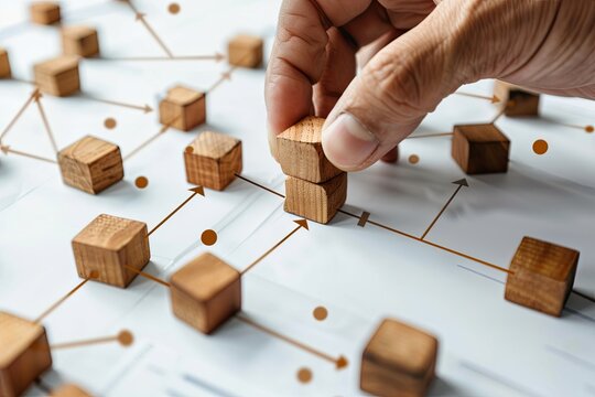 A hand stacks wooden blocks onto a paper with lines and dots, illustrating a strategic approach to building connections and relationships