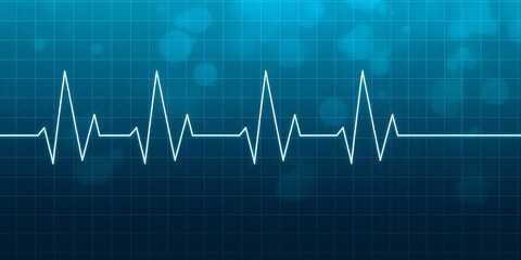 A white heartbeat line on a blue grid background.