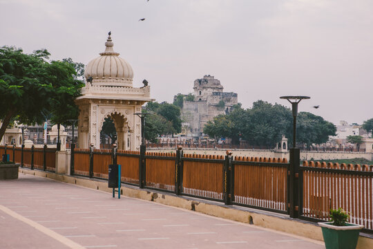 Lakhota lake and Palace museum from the Ranmal Lake Park, in Jamnagar, Gujarat, India
