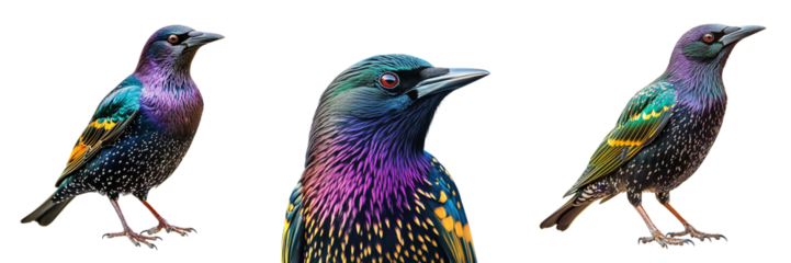  Set of  A colorful European starling blackbird beak anima isolated on a transparent background