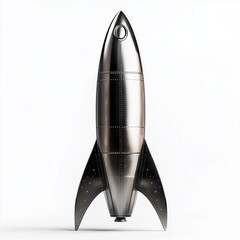 Silver rocket standing on white background ready for launch