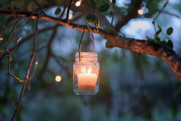 Tranquil Candle Jar Hanging from Tree Branch