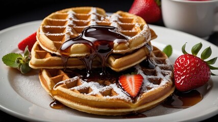 A delicious stack of waffles topped with syrup and strawberries on a plate.