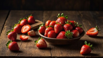 A bowl overflowing with fresh strawberries on a rustic wooden table.