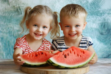 Two smiling children enjoying fresh watermelon slices at home during a sunny afternoon. Generative AI