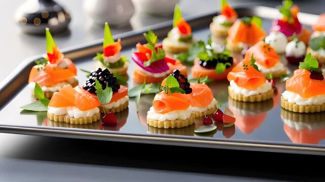  Gourmet Canap&eacute;s on a Tray with Colorful Garnishes