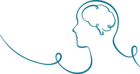 Human brain illustration, line art swirl face profile banner, vector decorative clip art design