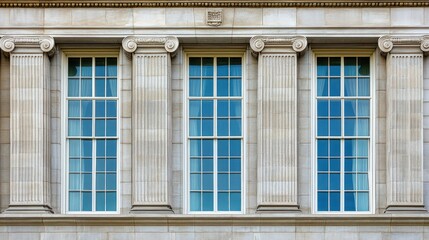 Fototapeta premium Four windows with ornate stone columns on a classic building facade.