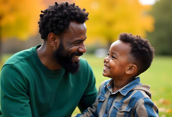 Fototapeta premium Handsome African American father in his 30s playing and smiling with his young son 