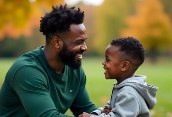 Fototapeta premium Handsome African American father in his 30s playing and smiling with his young son 