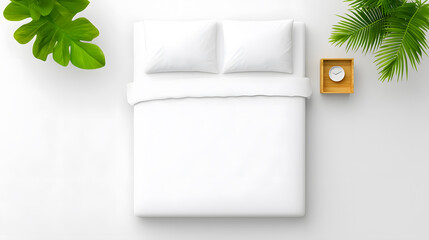 Blank white bed mock up, top view isolated on white background. Empty blanket and pillows mockup in bedstead
