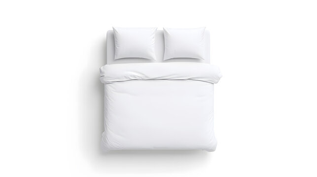 Blank white bed mock up, top view isolated on white background. Empty blanket and pillows mockup in bedstead

