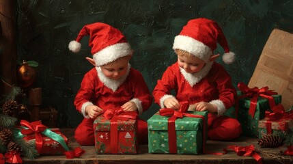 Two Elves Opening Christmas Gifts.