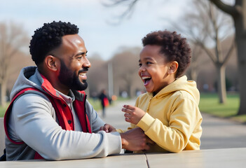 Handsome African American father in his 30s playing and smiling with his young son 