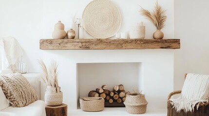 Modern Minimalist Fireplace Decor with Wicker Accents