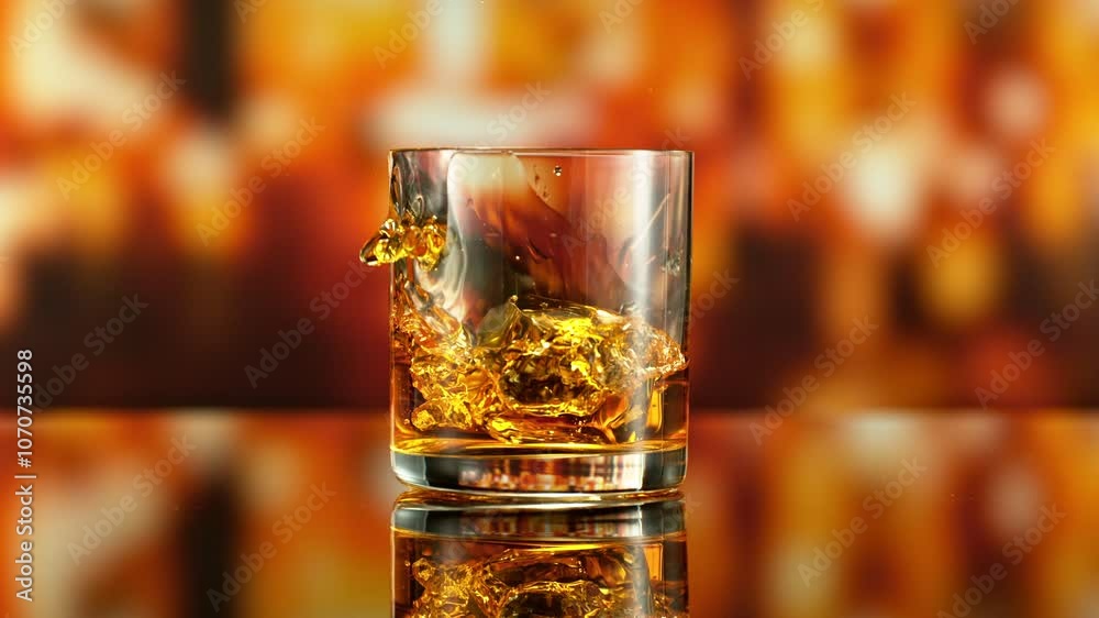 Poster super slow motion of falling ice into glass of whiskey. filmed on high speed cinema camera, 1000 fps