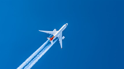 Obraz premium A passenger airplane flying in blue sky, view from bottom up.