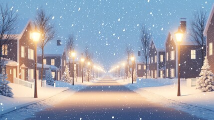 Fototapeta premium Christmas lights illuminating a quaint neighborhood, snow gently falling, cozy holiday spirit, warm evening glow, holiday lights in snowy neighborhood