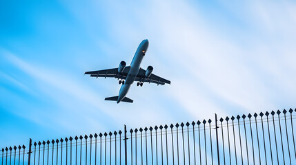 A passenger airplane flying in blue sky, view from bottom up.