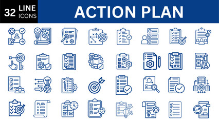 Action plan icon set. Containing planning, schedule, strategy, analysis, tasks, goal, collaboration and objective icons. Solid icon collection © Muhammad Asif