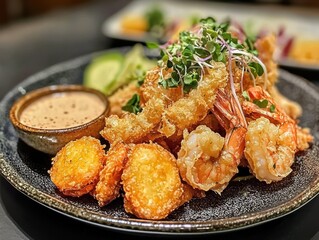 Fototapeta premium Delight in crispy fried shrimp and golden potato bites served with creamy dipping sauce