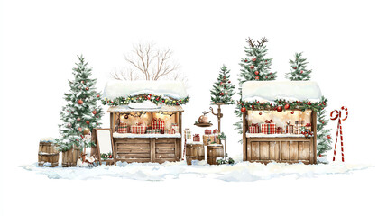 Christmas market vendors surrounded by holiday wreaths and garlands, offering warm drinks and seasonal treats, cozy holiday market scene