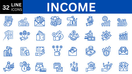 Income icon set. Money, budget, savings, loan, cash, earning, income, wallet, currency, dollar, card, coin, revenue, piggy bank, and profit icon set. Finance business thin line icon collection