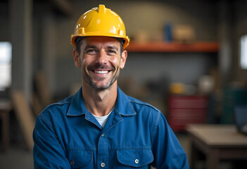 Happy middle aged man working in uniform inside of the small business factory with PPE safety plastic equipment