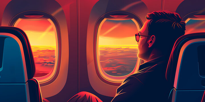 A passenger traveler looking out the window of an airplane, gazing at the clouds and vast sky, reflecting on the journey ahead with a sense of wonder and adventure.
