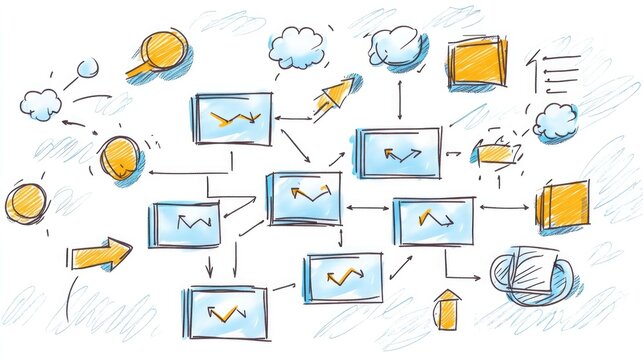 An illustration of a flowchart drawn in a playful doodle style, showcasing the steps in a planning process with arrows and icons.