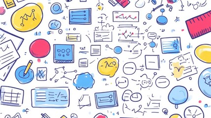 An illustrated notebook page filled with flowcharts and thought bubbles, capturing the essence of conceptualization and idea generation.