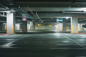A spacious, dimly lit parking garage with empty parking spaces and directional signs.